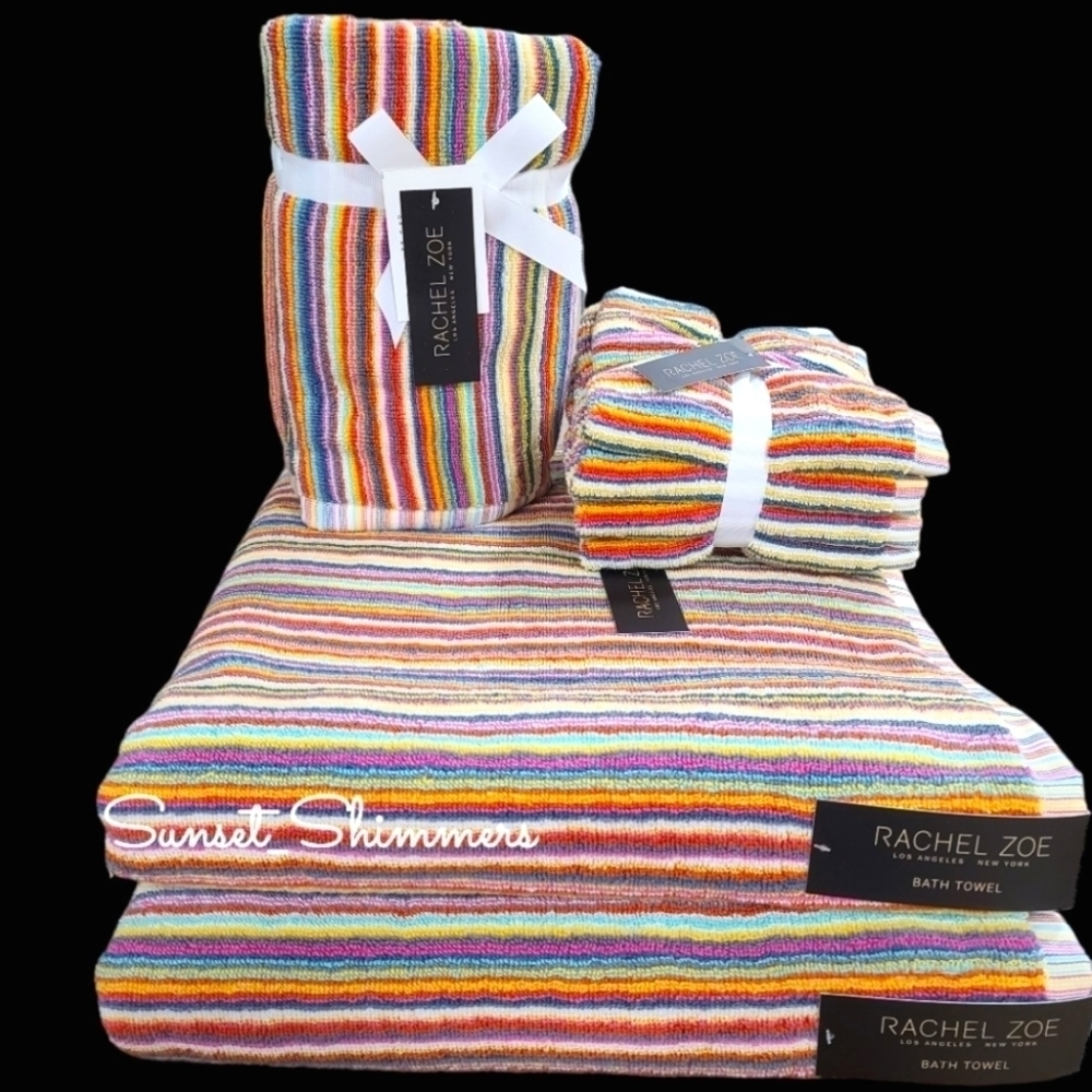 8pc Rachel Zoe Cotton Rainbow Striped Multicolored Bath Hand Washcloth Towel Set